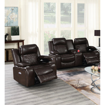 Salon 2 pièces brun avec mécanisme électrique, réglable et compartiment de rangement dissimulé, style contemporain : fauteuil inclinable à chargement sans fil.