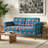 Mid-Century Modern Upholstered Sofa, Bold Blue & Orange Geometric Circle Print Fabric, Solid Wood Legs, Compact Living Room Accent Sofa(2-Seat)-67242442
