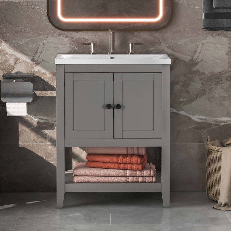 Lavabo de salle de bain moderne élégant en céramique 24 po avec tablette ouverte en bois massif, Gris