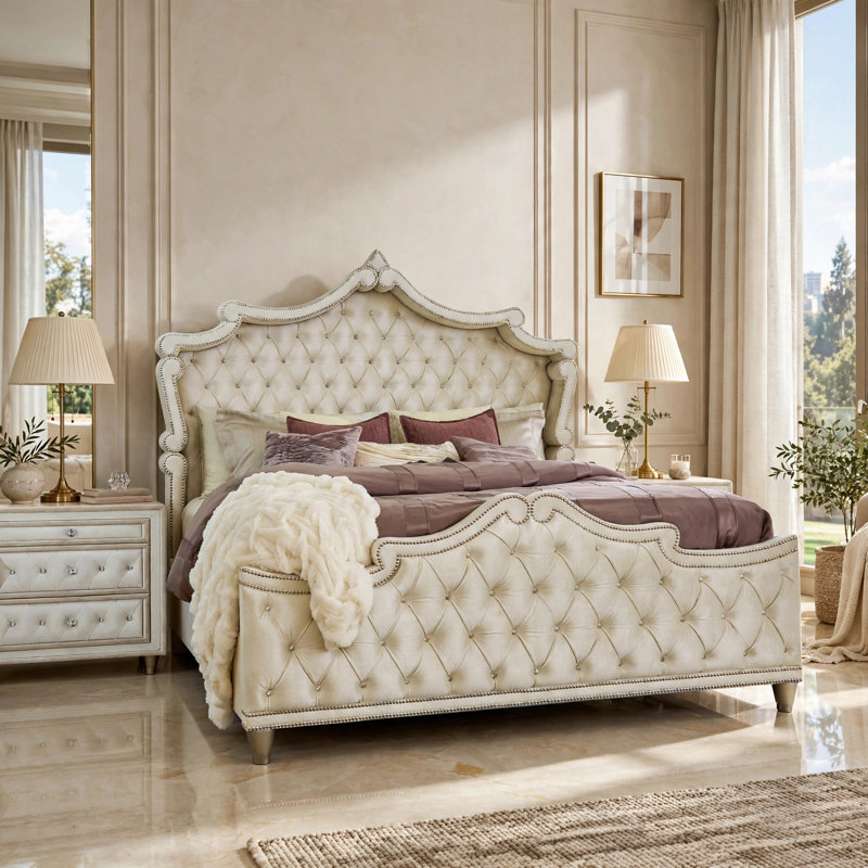 Ensemble de chambre pour très grand lit, tapissier, ivoire, brun, 3 pièces avec 2 tables de chevet