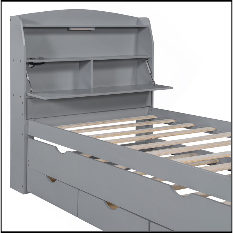 Lit plateforme à DEL avec lit gigogne, tête de lit avec rangement et tiroirs, Gris, Lit simple