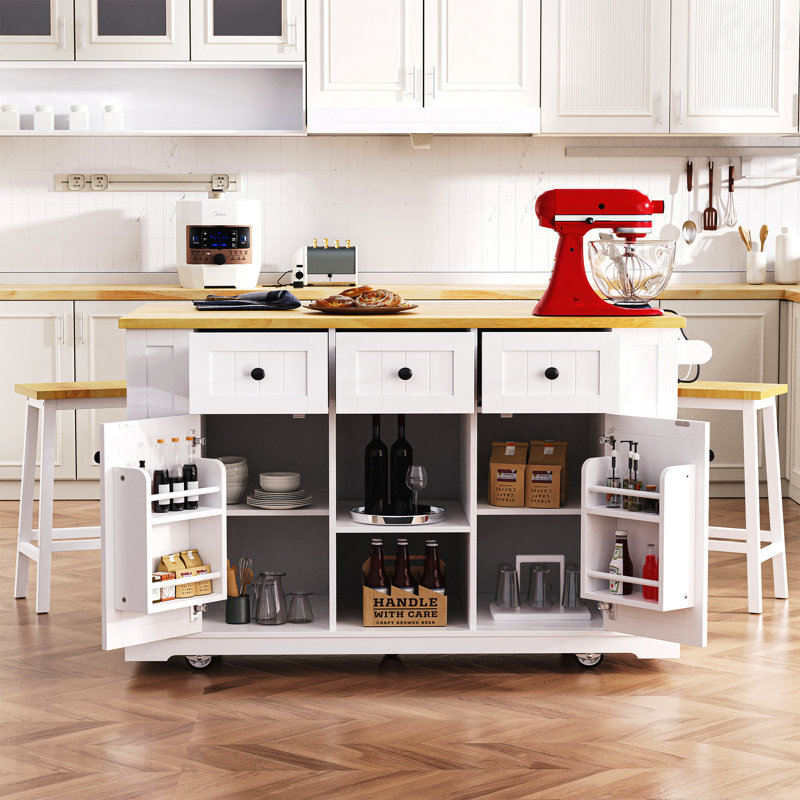 53Inch Large Kitchen Island With Drop Leaf, Power Outlet, Door Internal Storage Rack, Rolling Kitchen Cart On 5 Wheels With 5 Open Side Racks For Kitchen, Dining Room(Not Include Bar Stools)