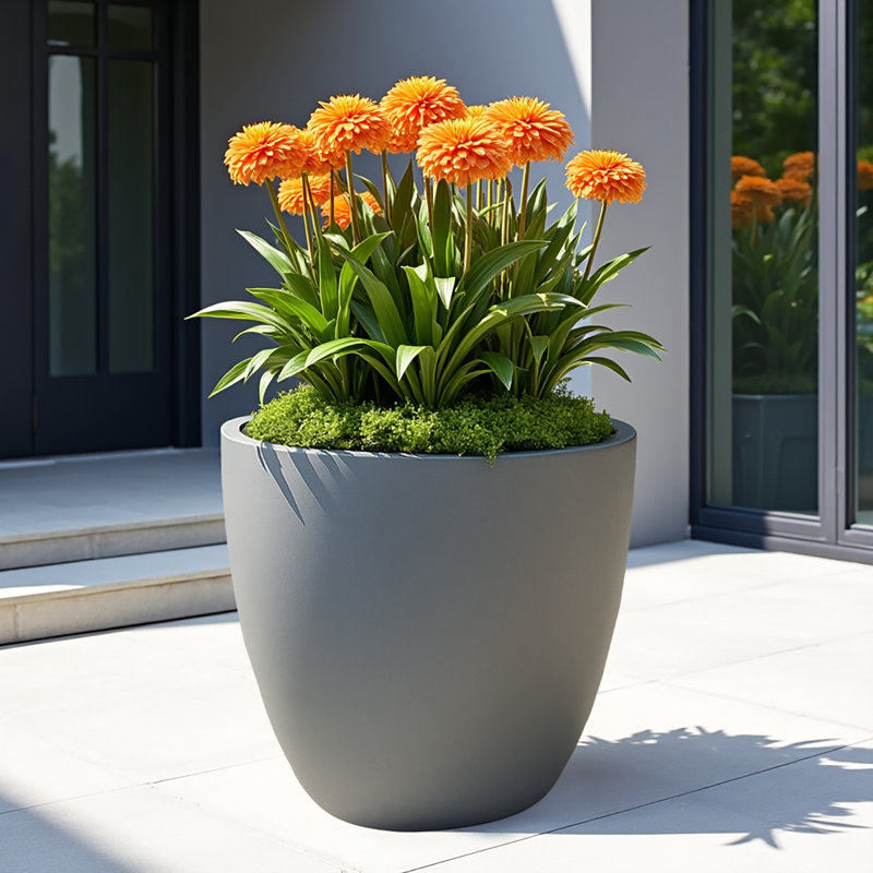 Concrete Effect Round Planter, Frostproof Outdoor Handmade Pot Planter, 50cm H x 50cm W x 50cm D