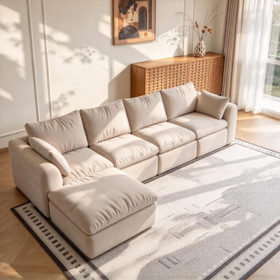122" Khaki Chenille Modular Sectional Sofa with Movable Ottomans, Deep Seat L-Shaped Couch for Living Room