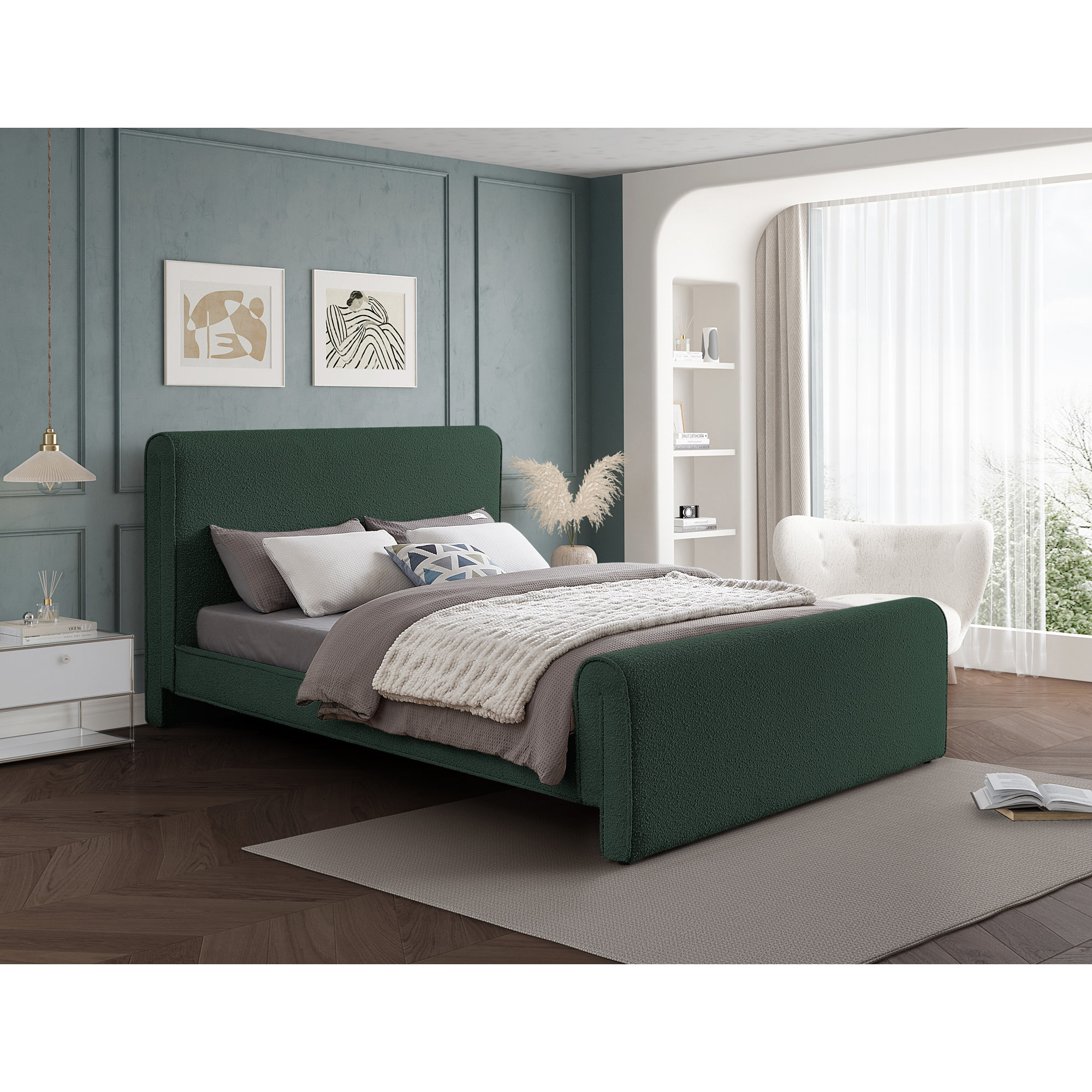 Chaylin Upholstered Bed, Green Boucle Fabric, King