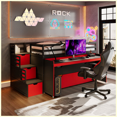 Lit mezzanine simple TG avec bureau coulissant et lit gigogne simple, lit superposé multifonctionnel avec tiroirs et marches de rangement, cadre de jeu et de poste de travail peu encombrant, noir et rouge
