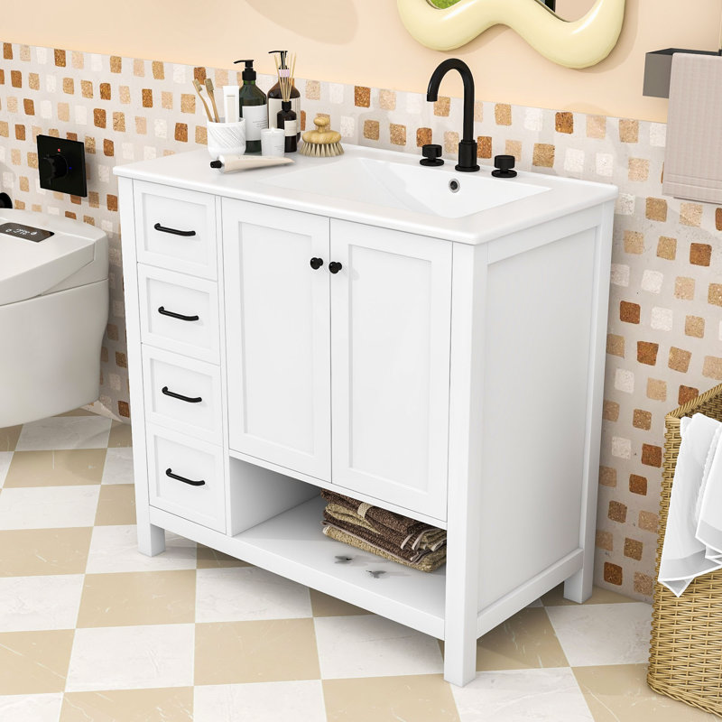 Meuble-lavabo à tiroir avec lavabo en céramique, tablette ouverte et armoire de rangement, Blanc