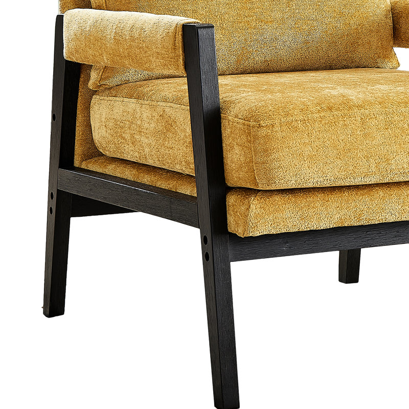 Fauteuil - style moderne Mid-Century, revêtu de chenille, base en bois, amovible, coussin rembourré contemporain, Jaune
