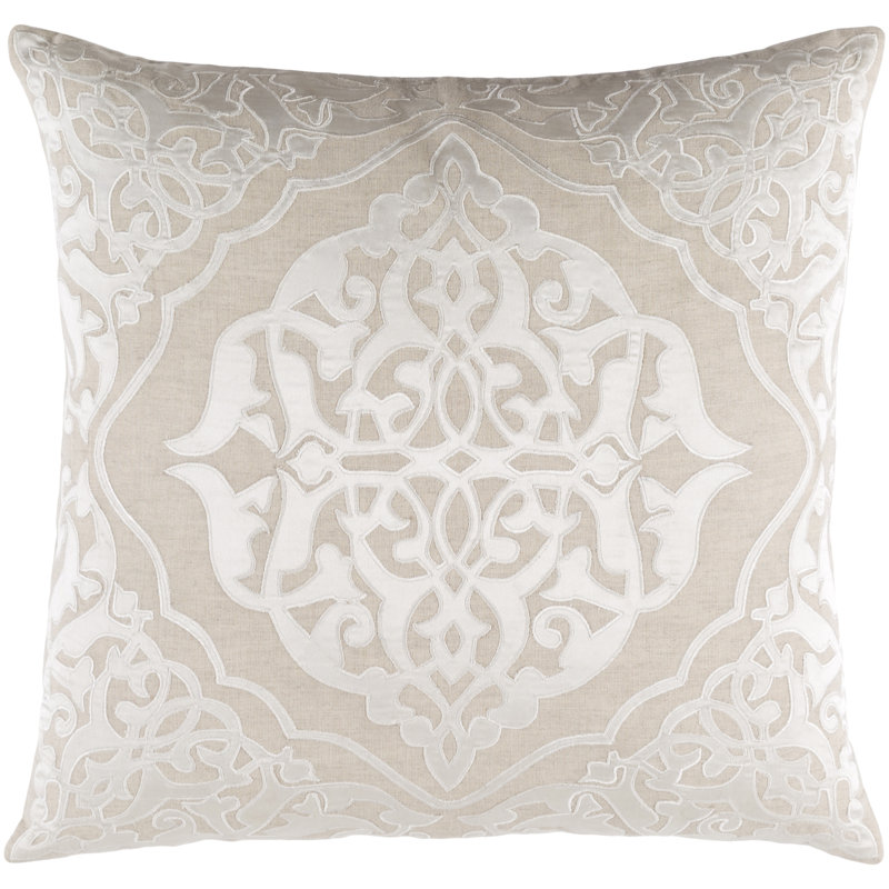 Adelia Appliqued Linen Pillow Cover, 18" x 18", Medium Gray/Light Gray, Down Blend