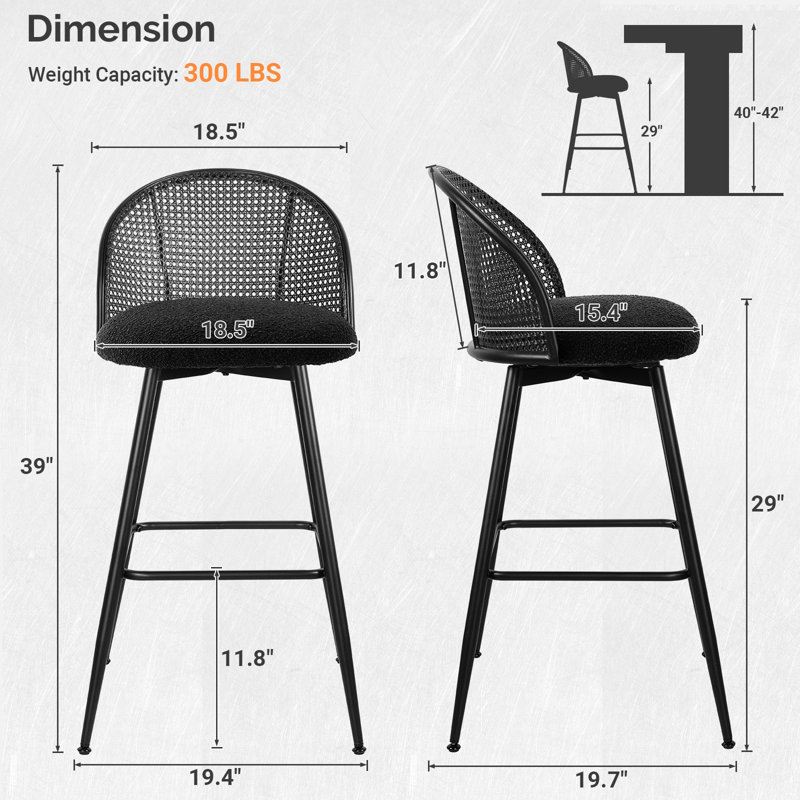 Black Metal Swivel Bar Stools with Rattan Backs, Set of 3