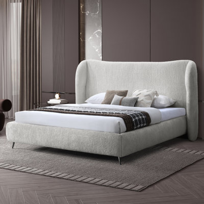 Leda Italian Design Boucle Upholstered Platform Bed With Curved Wingback Headboard – Modern Cream Luxury Bed Frame