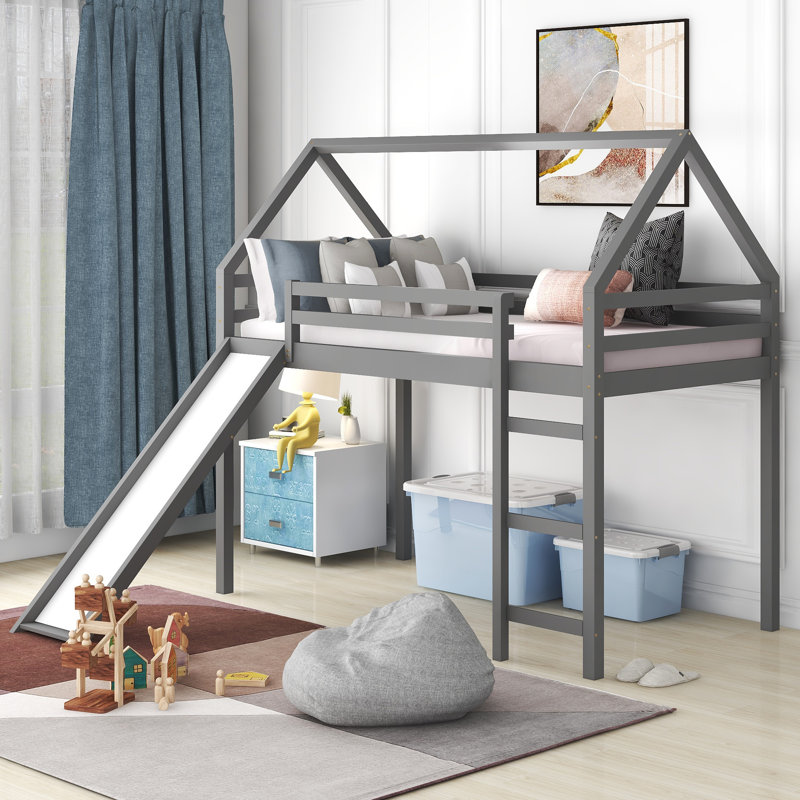 Lit mezzanine simple avec glissade, lit maison avec glissade, Gris