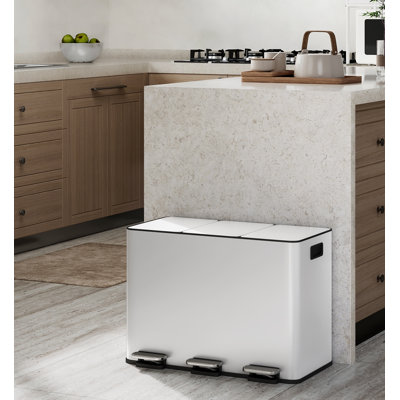 3-Compartment Stainless Steel Kitchen Pedal Bin - 45L (3 x 15L) Efficient Recycling, Soft-Close Lid, Removable Buckets & Side Handle - Space-Saving Trash Bin for Home