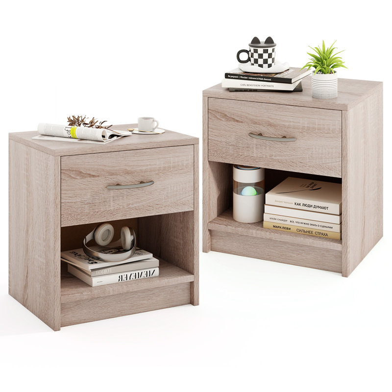  2 PCS Nightstand w/ Drawer Side Table w/ Slide-out Drawer Open Storage Shelf Natural & White, Brown