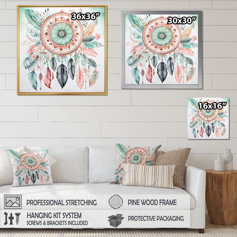 «Pastel Turquoise Boho Dreamcatcher I», reproduction d'art sur toile, Cadre flottant blanc, 36" H x 36" W