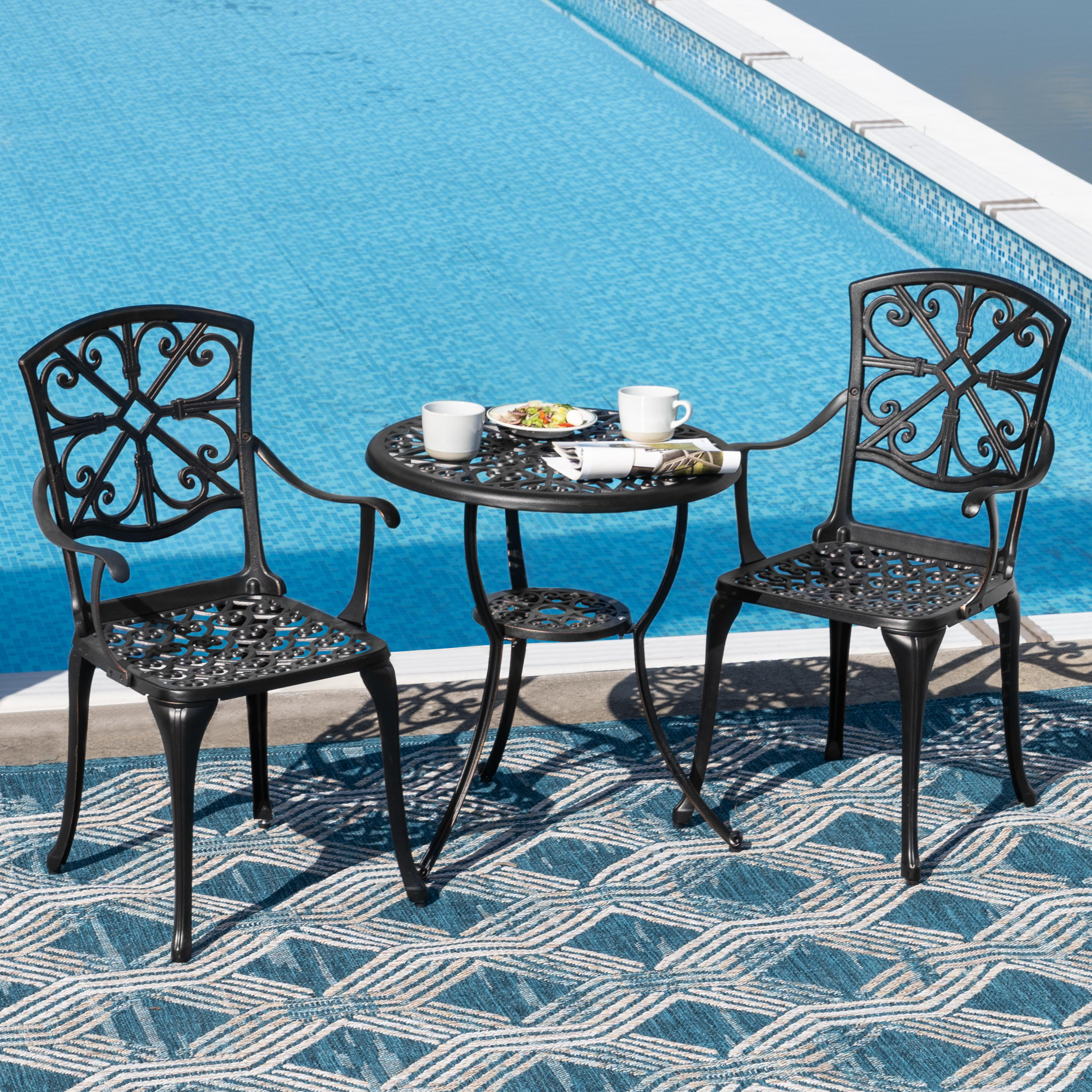 Lark Manor™ Antanas Akori 3-Piece Outdoor Bistro Set, 24 Inch Cast Aluminum Round Table with 1.77" Umbrella Hole and 2 Armchairs for Patio, Black with Gold-painted Edge & Reviews | Wayfair