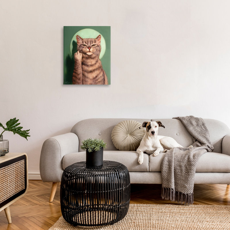 Chat et doigt du milieu sur toile par Lucia Heffernan, peinture, H 30 po x l 24 po x P 1,5 po