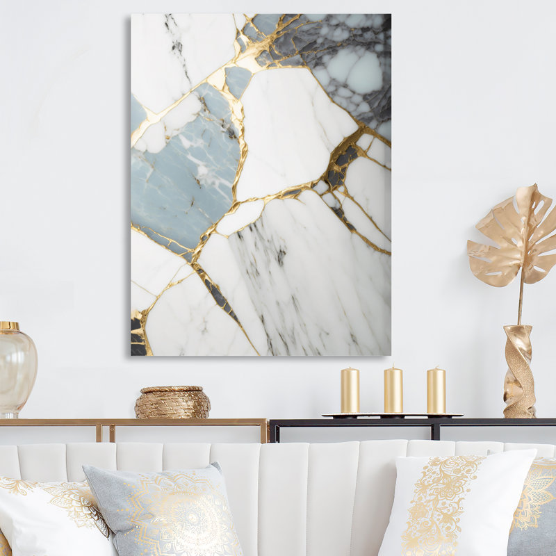 Décoration murale abstraite géométrique en marbre doré et blanc I - marbre abstrait, H 40 po x l 30 po
