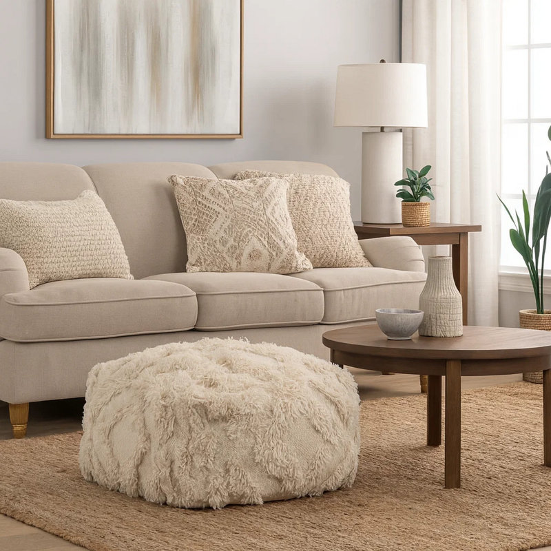 Square Pouf, Cotton Blend Off White/White