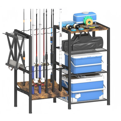 Fishing Rod Holders For Garage, Fishing Pole Holder Stand With Multifunctional Hook, 4 Tier Fishing Gear Equipment Organizers Rack