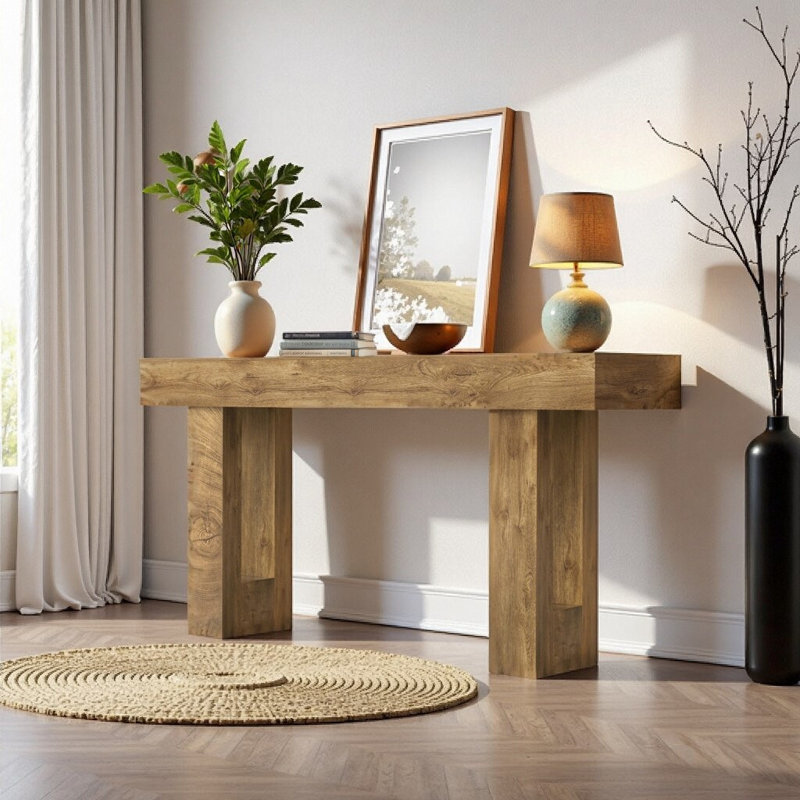 63" Natural Wood Console Table, Farmhouse Entryway Sofa Table with Storage, Rustic Hallway Furniture