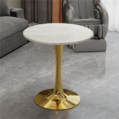 Table de salle à manger ronde avec plateau en marbre et piédestal doré, 2 à 4 places, style Mid-Century moderne pour le salon ou la cuisine