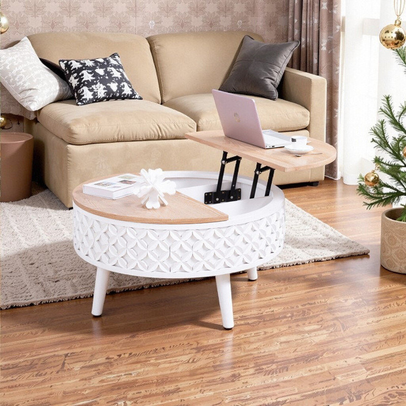 Table basse ronde avec rangement - table d'appoint relevable, mobilier de salon moderne de style bohème, base sculptée avec plateau en bois naturel
