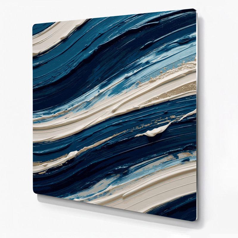 Art mural horizontal horizontal rayé bleu marine en métal ivoire, H 8 po x l 8 po