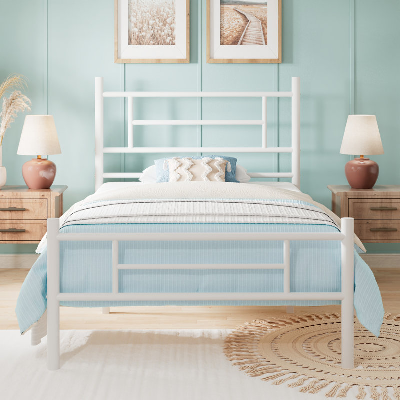 Lit plateforme en métal avec tête et pied de lit de style moderne, sans sommier tapissier, Simple, Blanc