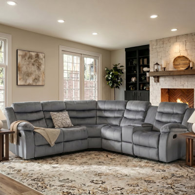 Manual Reclining Curved L-Shaped Corner Sectional Sofa, Velvet Upholstered Recliner Couch with Center Storage Console & Cup Holders for Living Room Home Theatre-Gray