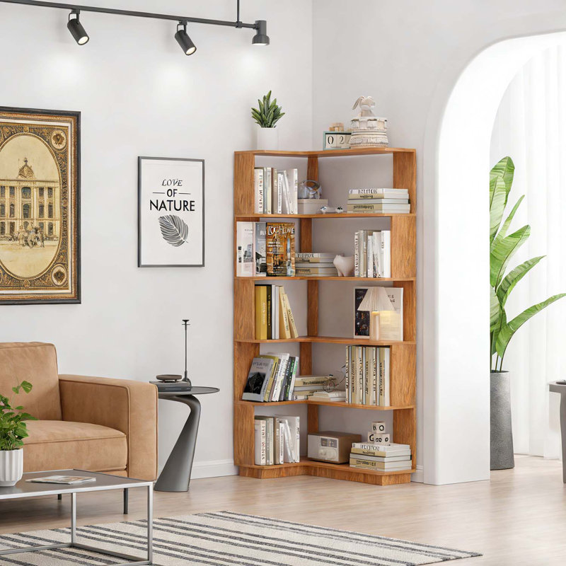 5-Tier L-Shaped Corner Bookshelf for Home and Office, Dark Oak