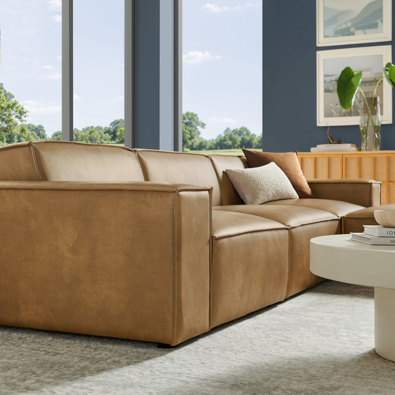 Ensemble de canapé modulaire en cuir avec repose-pieds 4 pièces Arielle, Toast