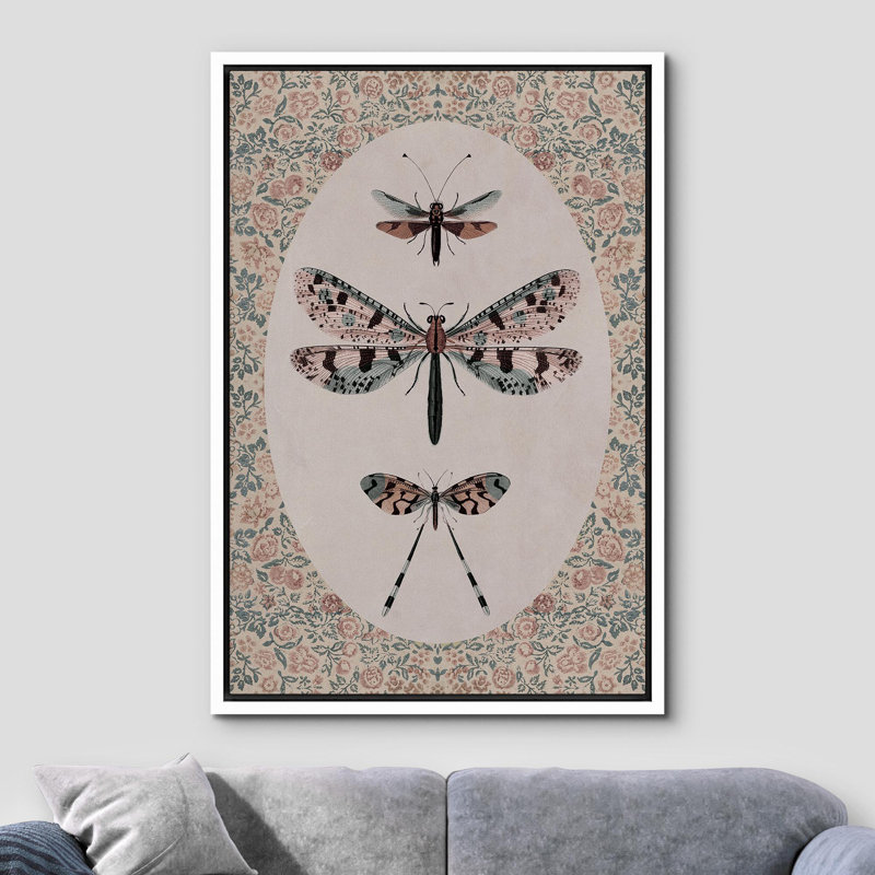Illustration rétro d'insecte et de libellule, fleurs et fleurs de rose élégantes, images pastel neutres, art mural encadré, impression numérique sur toile, impression numérique sur toile