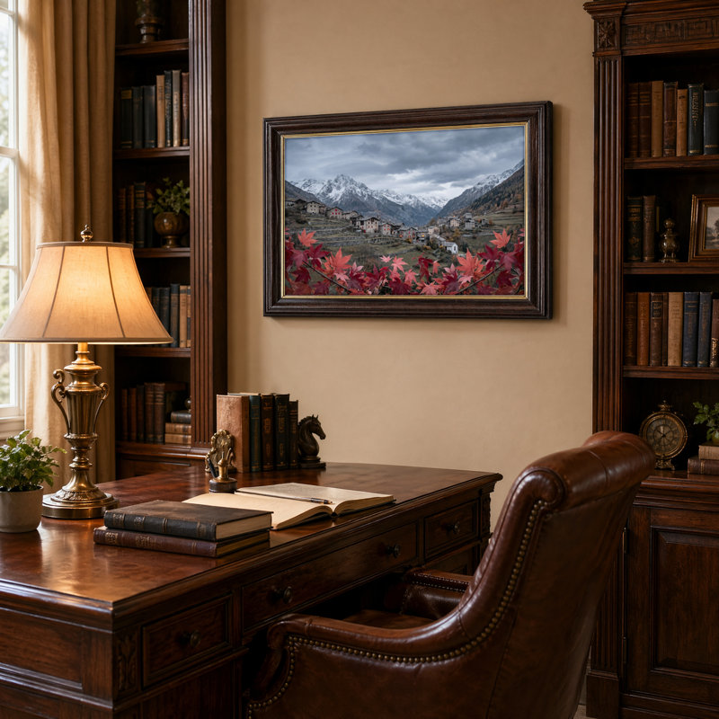 Art mural antique sur toile encadré doré pour le salon, la chambre à coucher, le bureau ou le vestibule - décoration murale décorative avec village de montagne