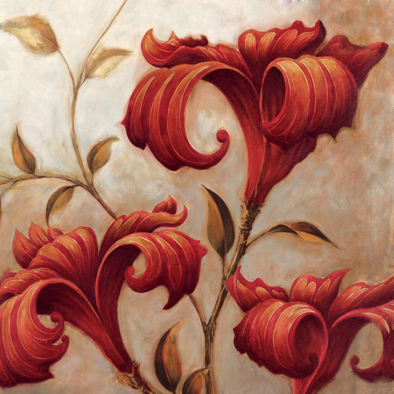 Curly Red Floral Square - Wrapped Canvas Painting, 30cm H x 30cm W x 3.8cm D