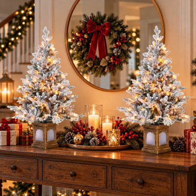 Sapin de Noël artificiel floqué de 120 cm avec 100 lumières blanc chaud et socle de lanterne décoratif