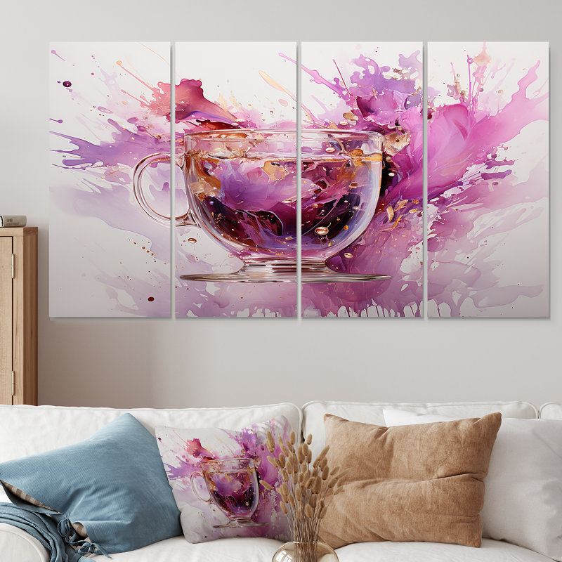 «Vibrant Mauve éclaboussures de vin», art mural sur toile 4 pièces, H 28 po x l 48 po