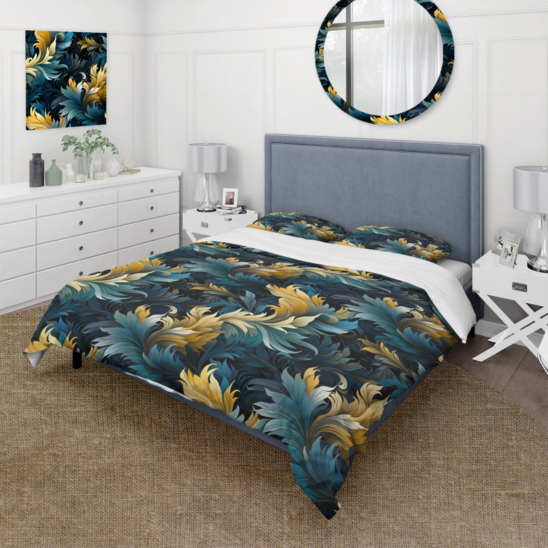 Literie feuille bleue et jaune Harmony, Housse de couette simple + 1 taie décorative stan