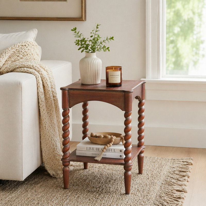 Table d'appoint 15,5 x 15,5 x 23,5 po en bois brun patiné avec pieds en spirale tournés et tablette inférieure