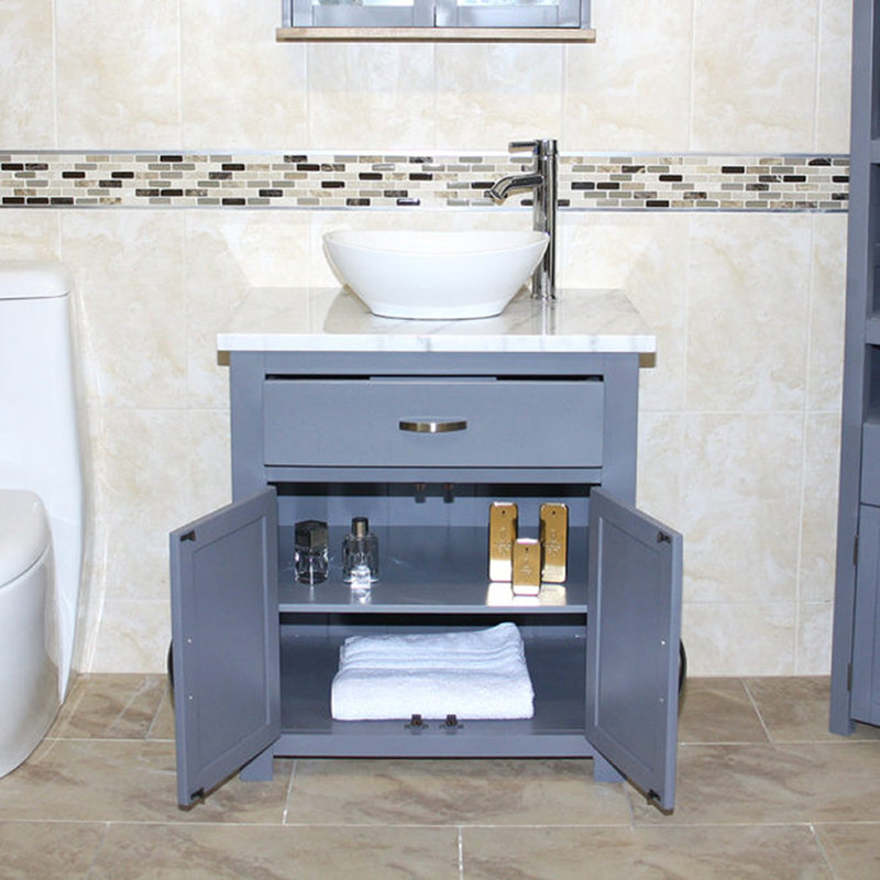 Robichaud 751mm Single Bathroom Vanity with Vessel Ceramic Basin, White Marble, Grey
