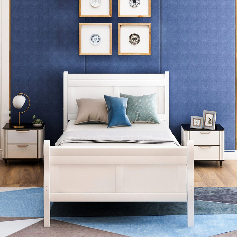 Lit simple blanc - Bois massif avec tête de lit et tête de lit plateforme