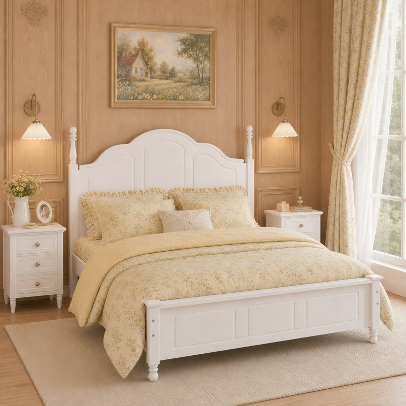 Structure de lit double en bois pleine grandeur, lit plateforme de style rétro avec support en lattes de bois, base de lit en bois massif blanc sans sommier