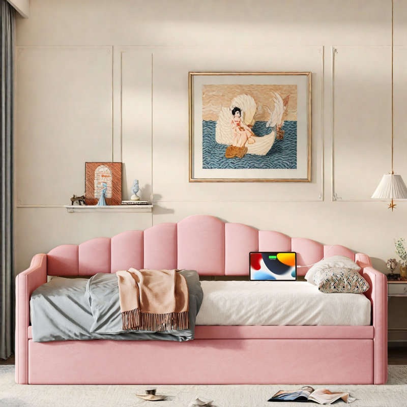 Upholstered Daybed With Pop Up Trundle, Charging Ports, 2 Side Pockets And Curved Backrest Design, Pink