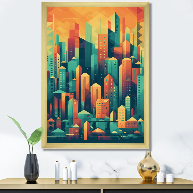Lynkin " Blue And Orange Retro Cityscape II ", Gold Picture Framed, 32" H x 16" W x 1" D