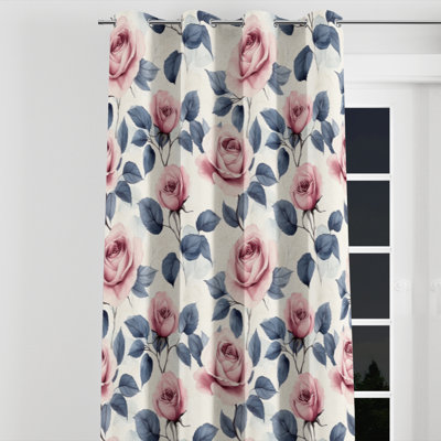 Teens Romantic Florals Velvet Curtains - Garden Pastel Rose Garden Grommet Curtain - 1 Panel