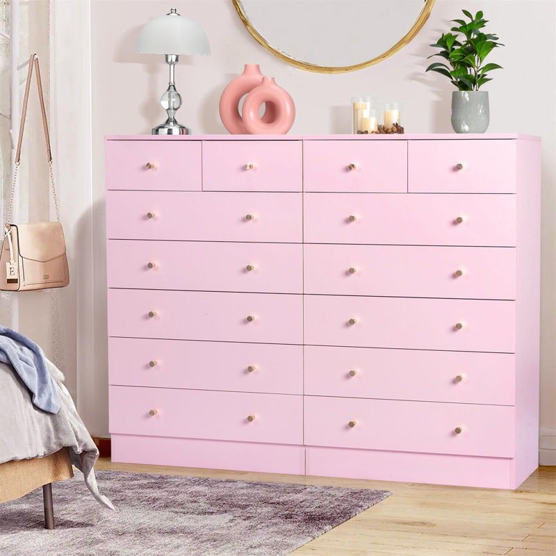 Rose Gold & Pink 7-Drawer Tall Dresser, Anti-Tip Wood Chest Of Drawers For Bedroom Storage, Living Room, Entryway, Pink
