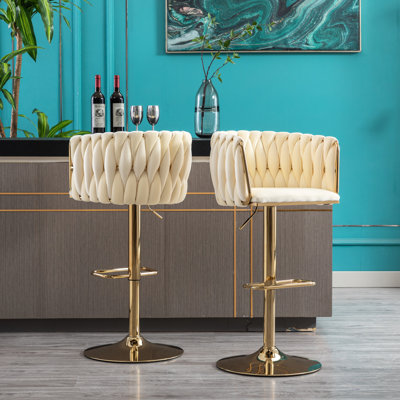 2 tabourets de bar en velours, pieds dorés, 33 po Hauteur, hauteur de siège réglable pour les cuisines, les bars, les bureaux avec base en velours, support de 250 lb, barres