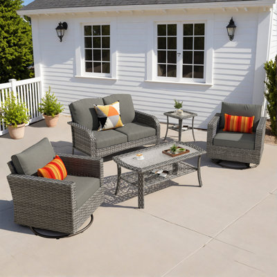 Isberga 5 Pieces Outdoor Patio Furniture Set With Rockers, Rattan Conversation Sets/Coffee Table For Backyard, Balcony, Deck And Bistro