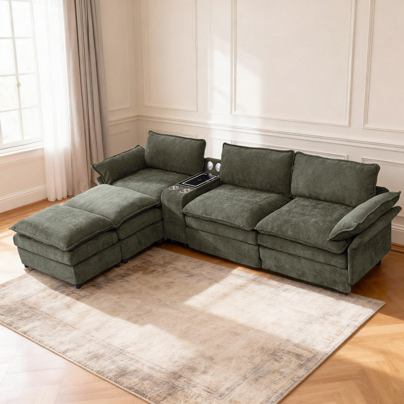 U-Shaped Chenille Sectional Sofa with Bluetooth Speaker,Wireless Charging,Storage Console, Green Chenille