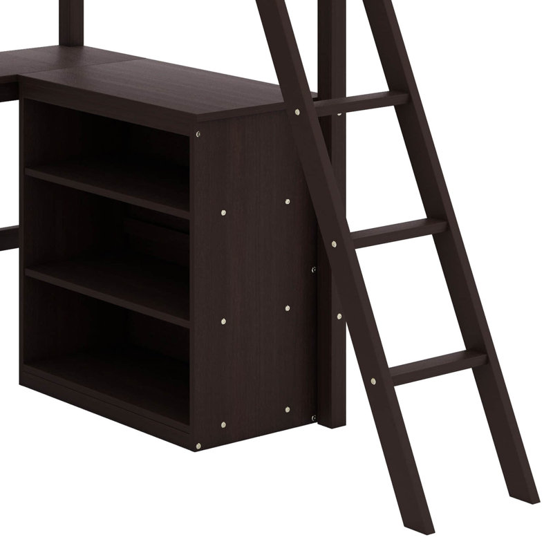 Lit simple surélevé avec tablettes intégrées et espace d'étude dédié, Espresso